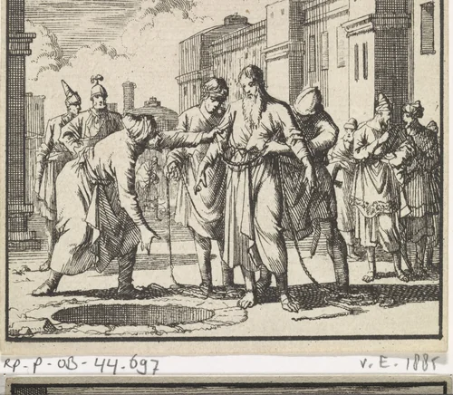 Jeremia wordt in een kuil geworpen by Jan Luyken, print, 1698