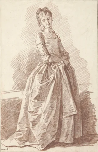 Staande jonge vrouw, aanziend by Jean Honoré Fragonard, drawing, 1775-1780