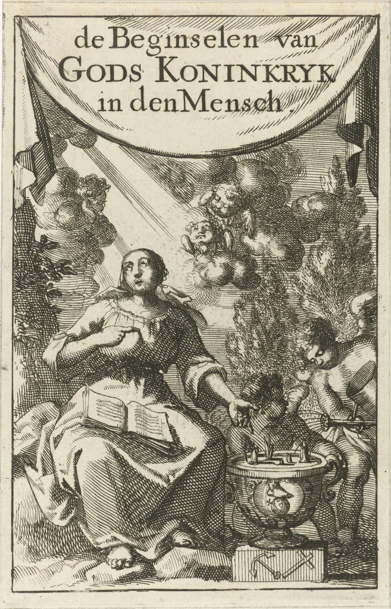 Zittende vrouw wijzend op een vaas waarin planten ontspruiten by Jan Luyken, print, 1689