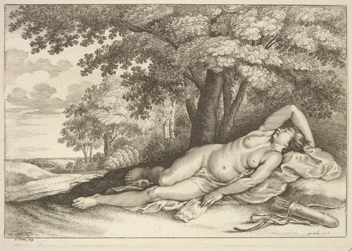 Sleeping figure of Diana the huntress by Wenceslaus Hollar, print, 1644-1652