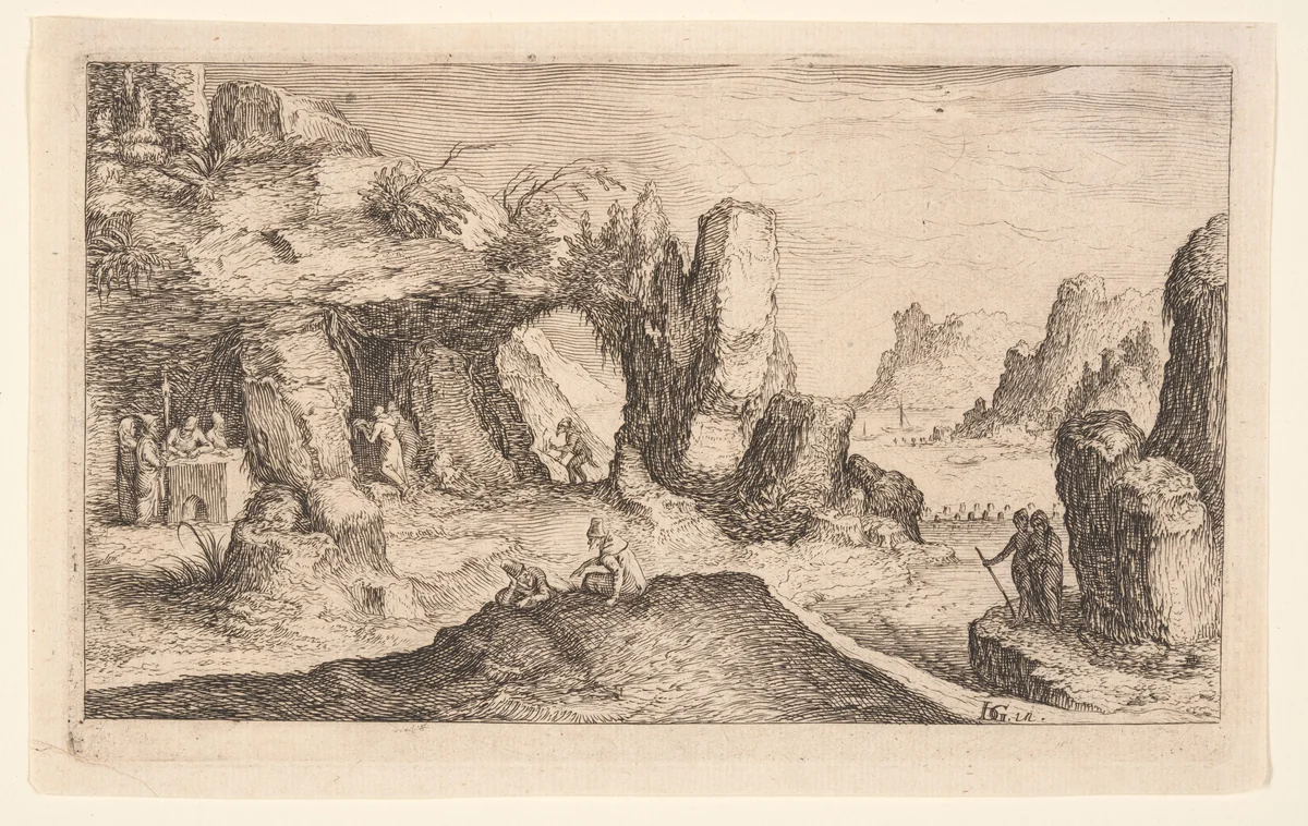 Landscape with a Grotto and Hermits, from Landscapes by Jacques de Gheyn II, print, 1605-1615