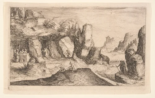 Landscape with a Grotto and Hermits, from Landscapes by Jacques de Gheyn II, print, 1605-1615