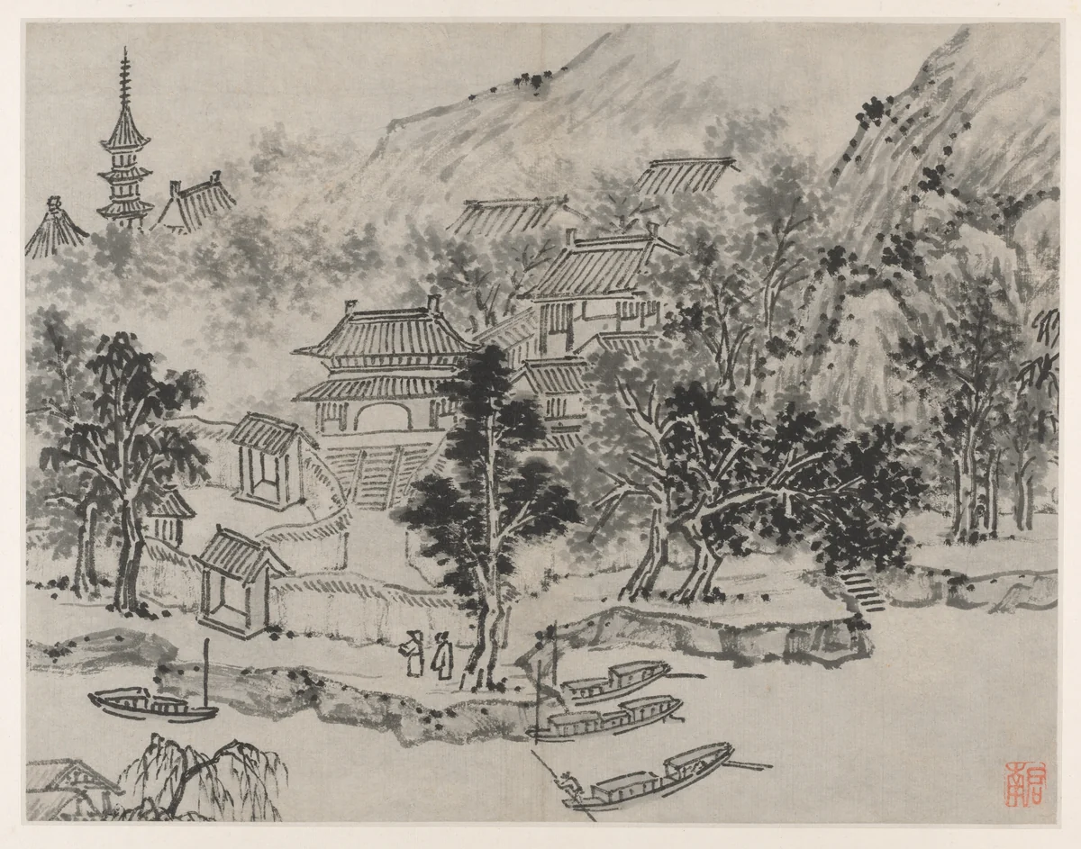 Distant View of Tiger Hill from the Canal Mooring, from Twelve Views of Tiger Hill, Suzhou by Shen Zhou (沈周), painting, 1491-1509