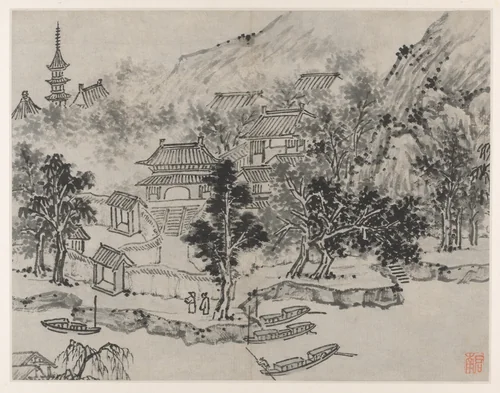 Distant View of Tiger Hill from the Canal Mooring, from Twelve Views of Tiger Hill, Suzhou by Shen Zhou (沈周), painting, 1491-1509