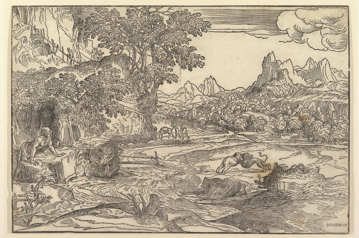 Landscape with Saint Jerome at left looking towards lion and bear fighting at center; two figures with mule in the background by Domenico Campagnola, print, 1525-1540