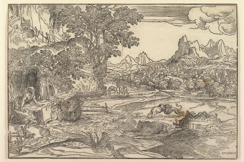 Landscape with Saint Jerome at left looking towards lion and bear fighting at center; two figures with mule in the background by Domenico Campagnola, print, 1525-1540