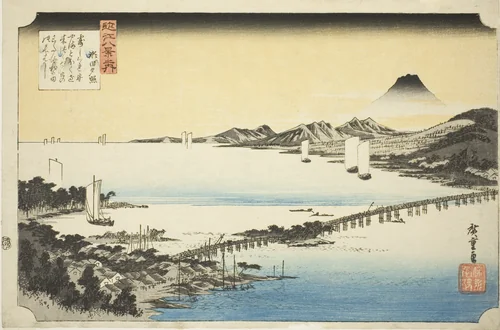 Evening Glow at Seta Bridge (Seta no sekisho), from the series "Eight Views of Omi (Omi hakkei no uchi)" by Utagawa Hiroshige (歌川広重), print, 1829-1839