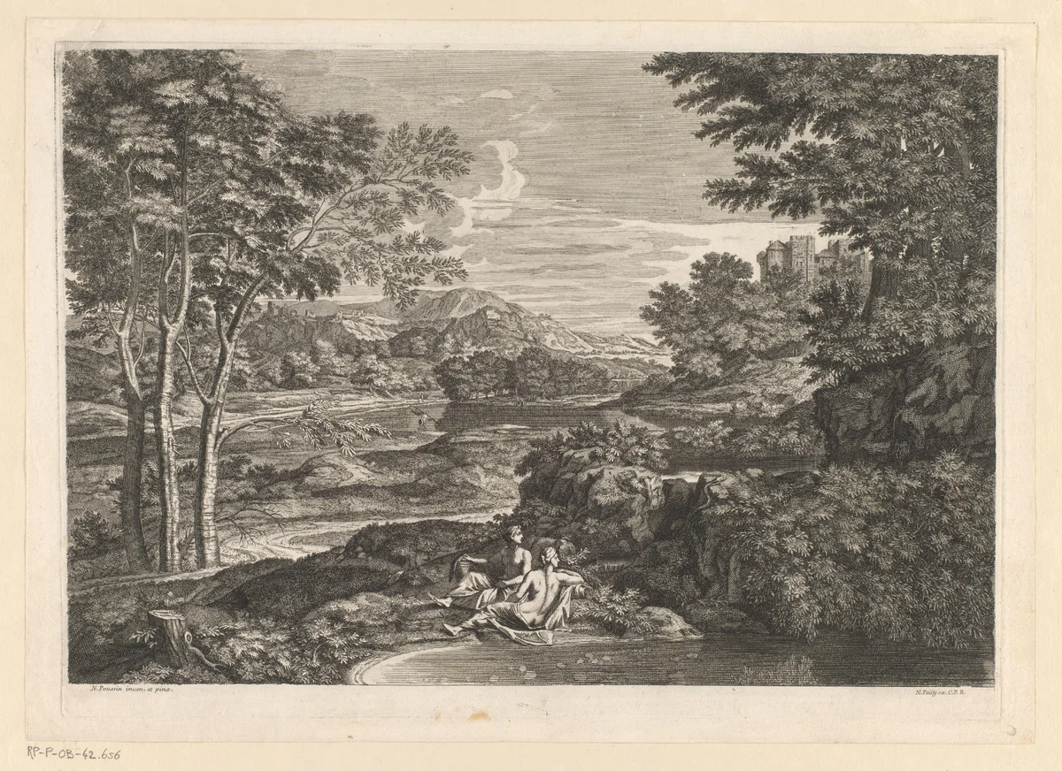 Landschap met twee nimfen naar een slang kijkend by Louis de Châtillon, print, 1649-1696