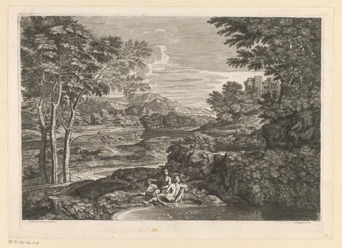 Landschap met twee nimfen naar een slang kijkend by Louis de Châtillon, print, 1649-1696