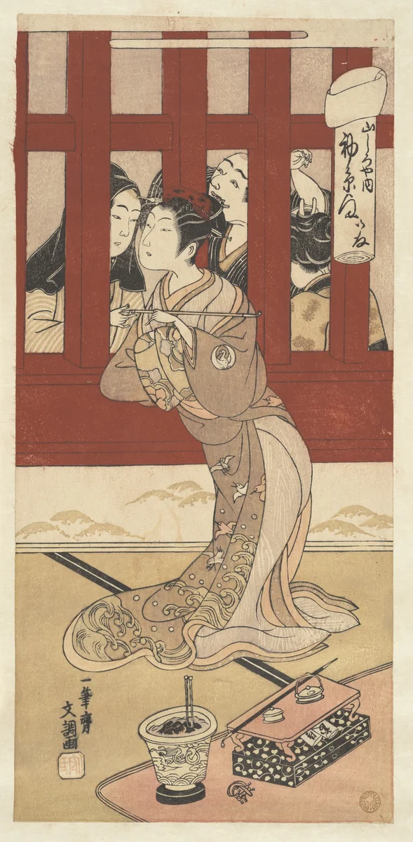 The Actor Bando Hikosaburo II in the Role of the Oiran Hatsuito of Yamashiro-ya by Ippitsusai Bunchō (一筆齊文調), print, 1760-1780