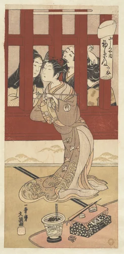 The Actor Bando Hikosaburo II in the Role of the Oiran Hatsuito of Yamashiro-ya by Ippitsusai Bunchō (一筆齊文調), print, 1760-1780