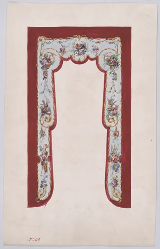 Design for a Valance with Bundles and Garlands of Flowers and Leaves Decorated with Gardening Tools upon which Small Birds Rest by anonymous, drawing, 1870-1900