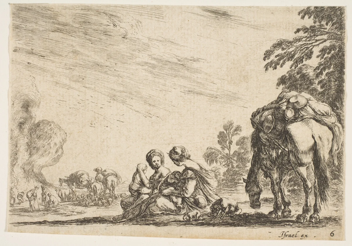 Two women, one nursing a child, seated next to a dog and a horse carrying a pack, horses and figures to left in the background, plate 6 from "Various Figures" (Agréable diversité de figures) by Stefano della Bella, print, 1642