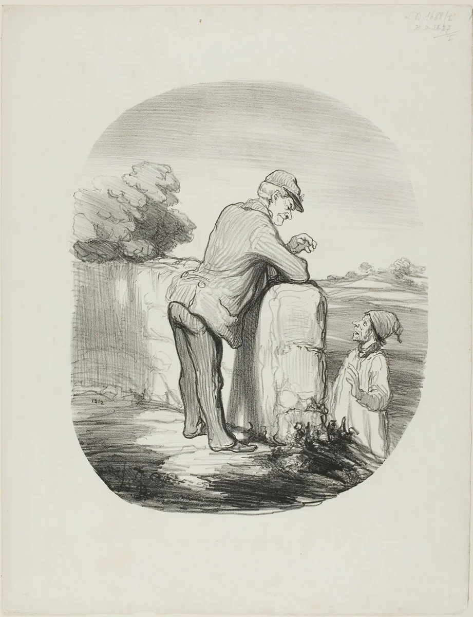 “- Tell me, mayor, what are communists? - You know, Pierre, communists are people who want to have everything in common with every Frenchman: the money, the work, and the land. - Well, in my opinion there is one thing they seem to be lacking: common sense,” plate 42 from Tout Ce Qu'on Voudra by Honoré-Victorin Daumier, print, 1848