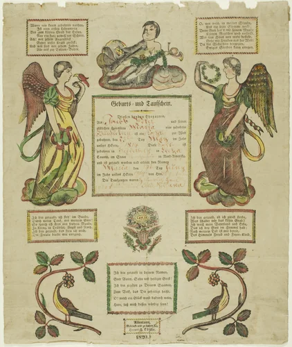 Birth and Baptism Certificate by Heinrich Ebner, print, 1803-1850