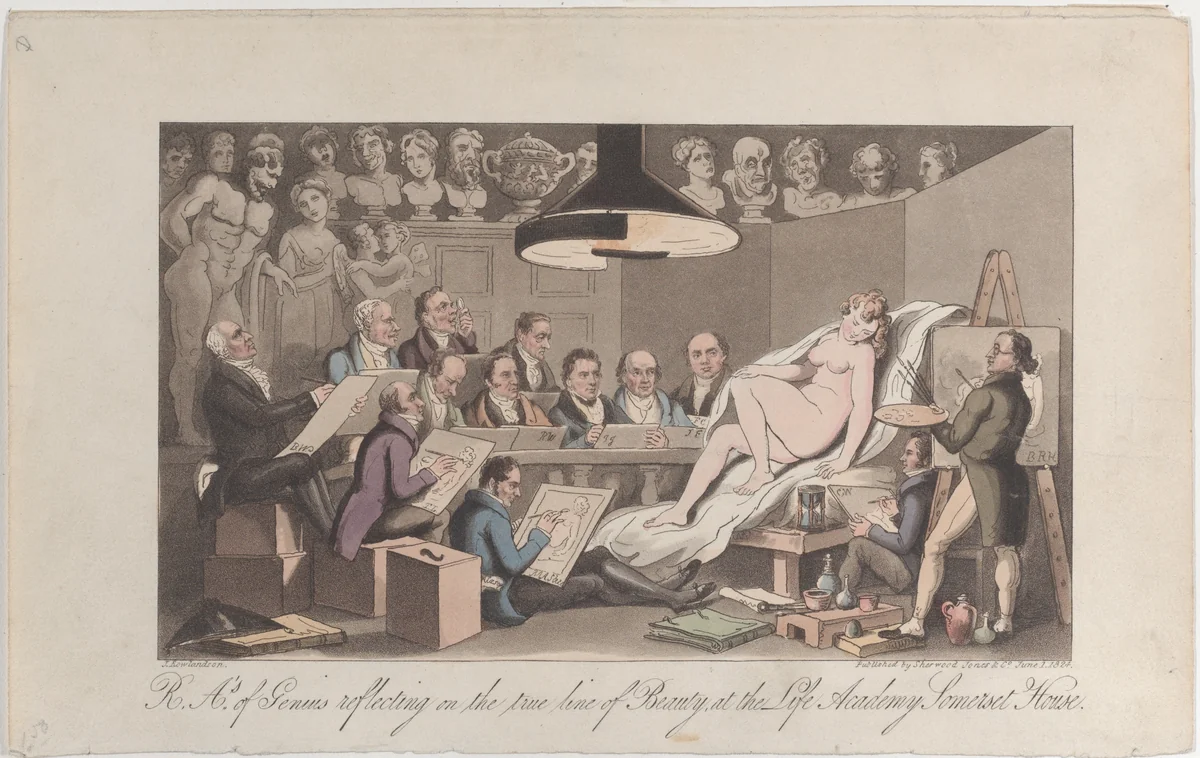 R.A.'s of Genius Reflecting on the True Line of Beauty, at the Life Academy Somerset House by Thomas Rowlandson, print, 1824