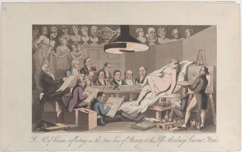 R.A.'s of Genius Reflecting on the True Line of Beauty, at the Life Academy Somerset House by Thomas Rowlandson, print, 1824