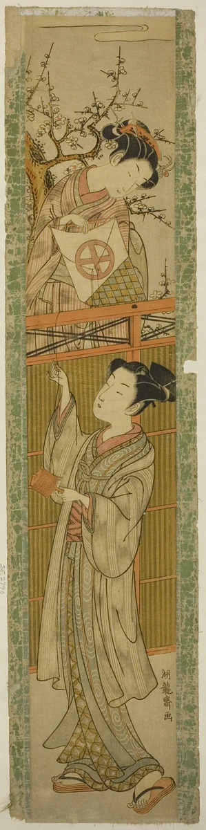 Young Woman Returning a Kite to a Young Man by Isoda Koryusai, print, 1767-1777