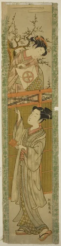 Young Woman Returning a Kite to a Young Man by Isoda Koryusai, print, 1767-1777