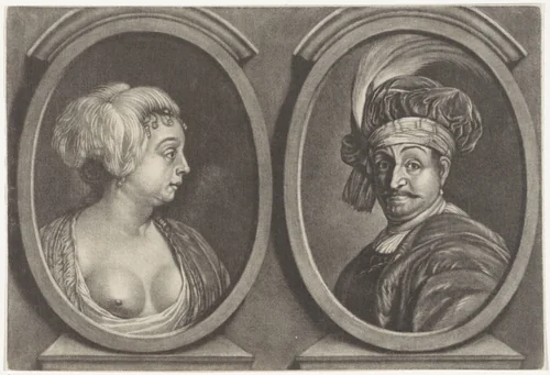 Dubbelportret van een man en een vrouw by anonymous, print, 1650-1800