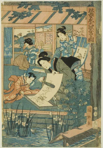 Great Prosperity at the Silk Farm (Kaikoya Daihanjono Zu) by Utagawa Kunisato, print, 1832-1842