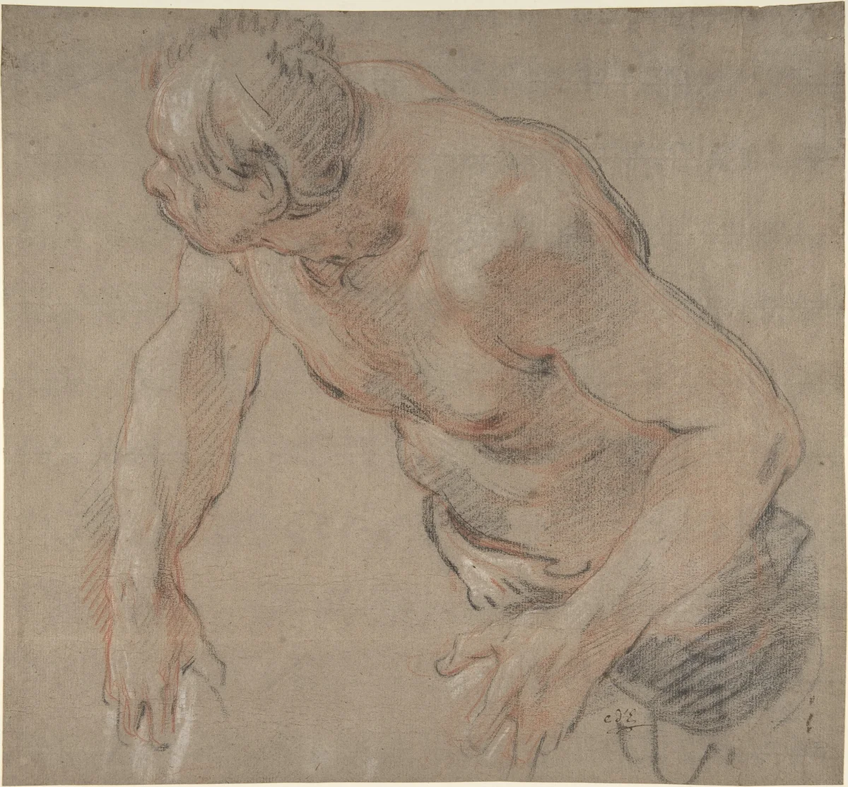 Half Figure of a Man, Nude to the Waist by Jean-Baptiste Deshays, drawing, 1740-1765