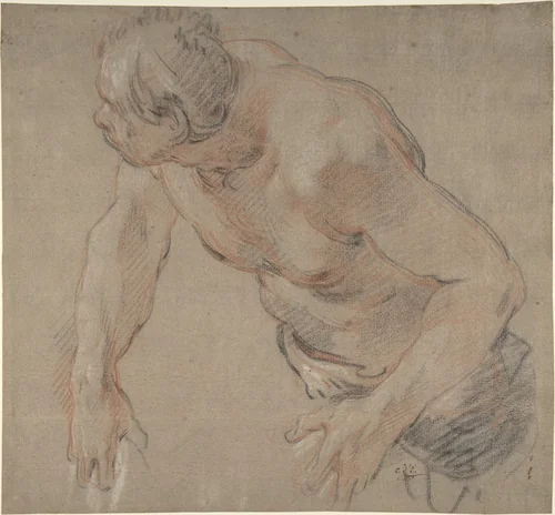 Half Figure of a Man, Nude to the Waist by Jean-Baptiste Deshays, drawing, 1740-1765