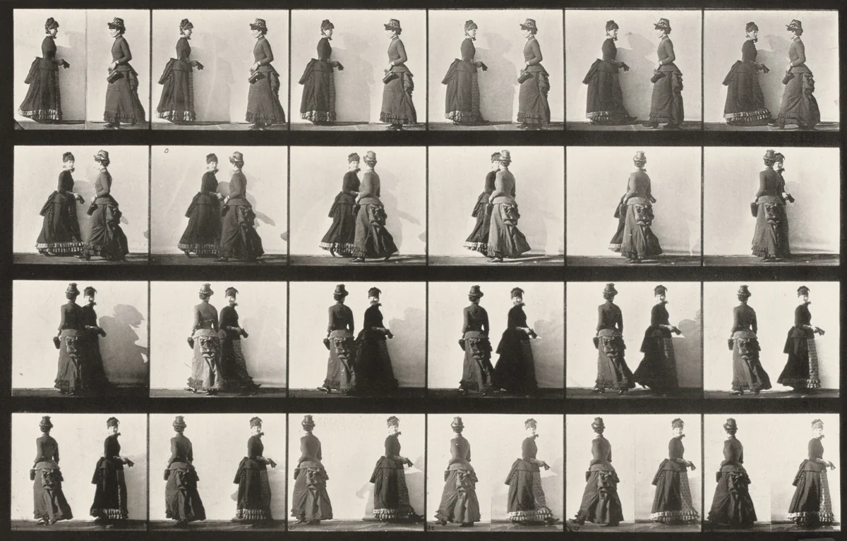 Plate Number 45. Two women walking, meeting and partly turning by Eadweard Muybridge, photograph, 1887