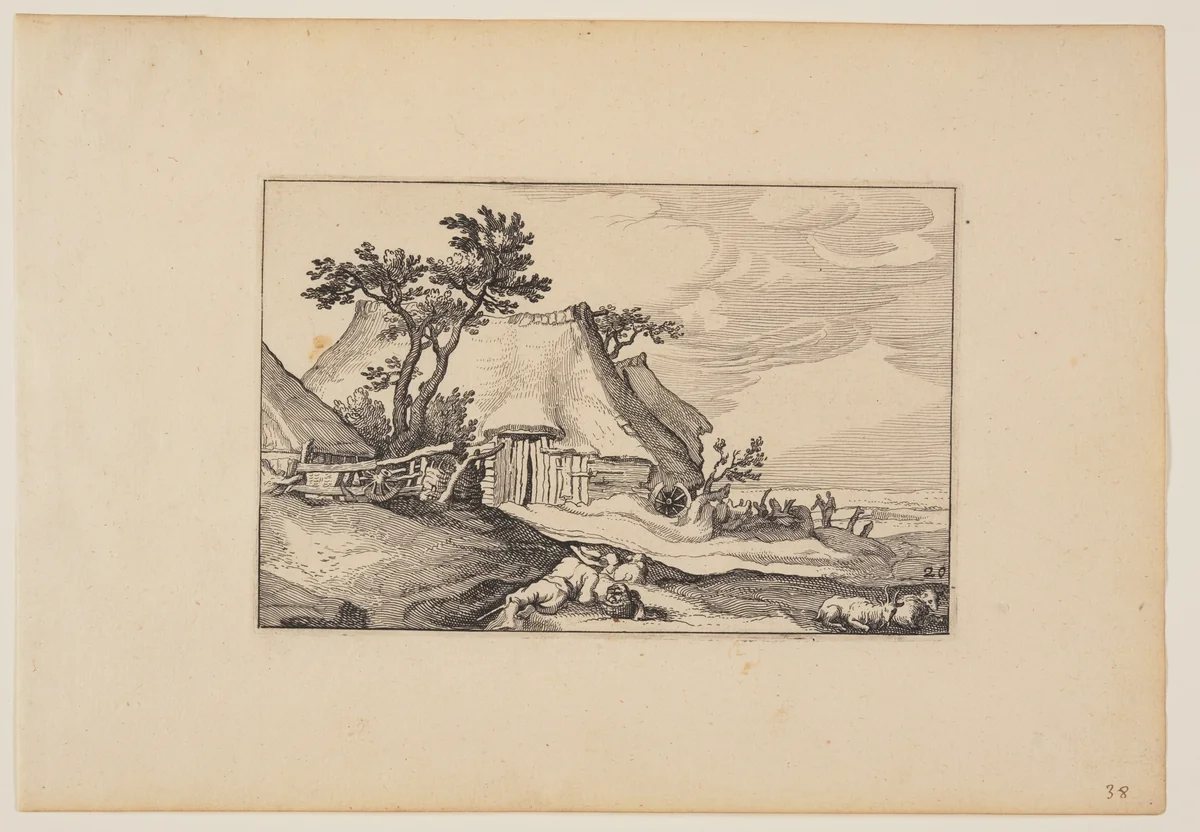 Barns, Resting Man with Basket of Eggs in Foreground, from Landscapes (Verscheyden aerdige Lanthuysen...) by Claes Jansz Visscher, print, 1620