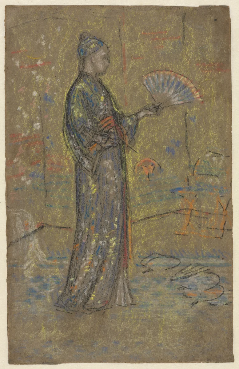 Japanese Woman Painting a Fan (recto) by James McNeill Whistler, drawing, 1867-1877
