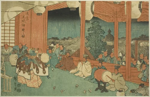 The Sacred Dance at the Shinmei Shrine in Shiba at Dawn (Shiba Shinmei, Omiya gengyo kagura no zu), from the series "Famous Places in the Eastern Capital (Toto meisho)" by Utagawa Hiroshige (歌川広重), print, 1842-1857