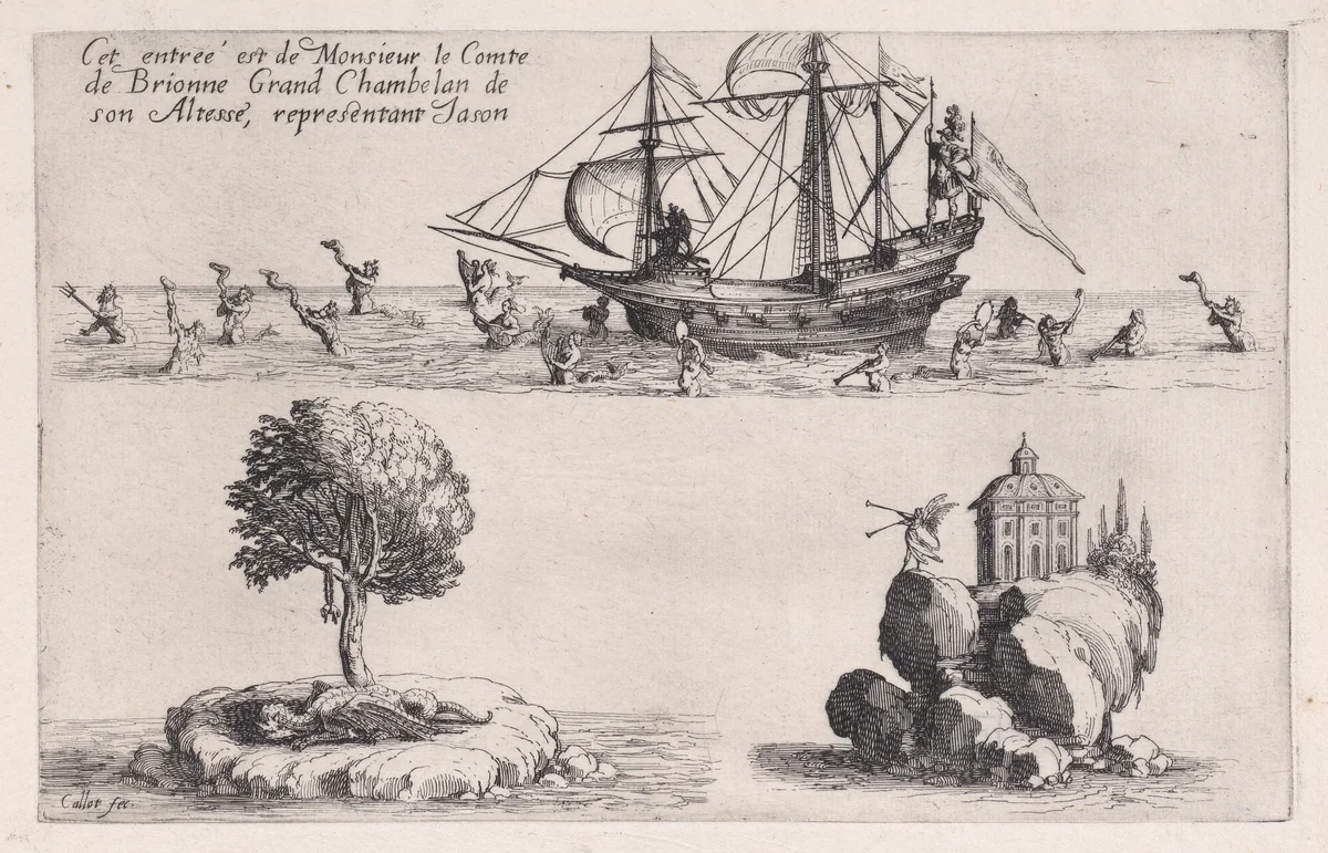 Entrée de M. de Brionne (Entrance of Monsieur de Brionne), from "Le Combat a la Barrière" by Jacques Callot, print, 1627