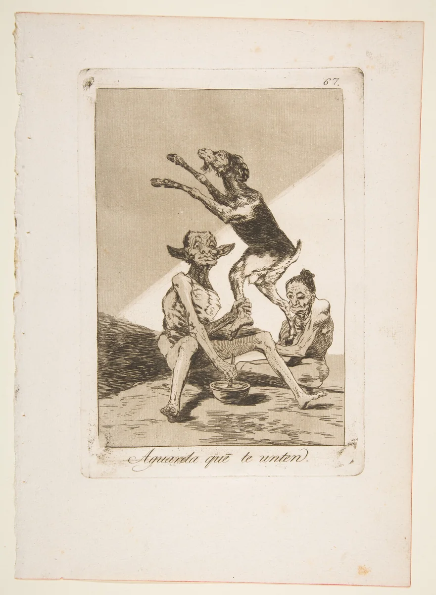 Plate 67 from "Los Caprichos": Wait till you've been anointed (Aguarda que te unten) by Goya, print, 1799