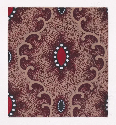 Textile Design with Vertical Rows of Alternating Lenses of Two Different Sizes Bordered by Pearls Separated by Vertical Scrolls of Ribbons Over a Stippled Background by anonymous, drawing, 1840