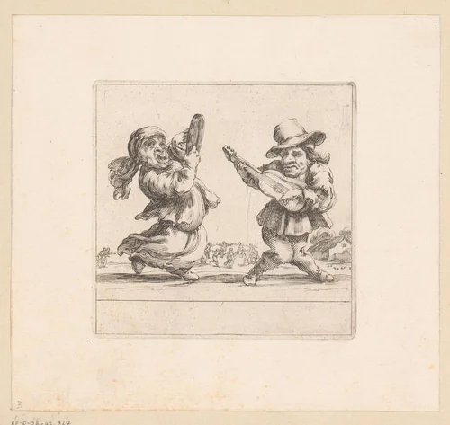 Karikaturale weergave van musicerende mannen by François Collignon, print, 1620-1687