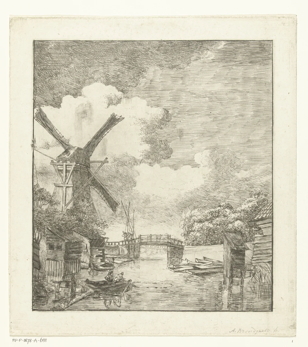Landschap met molen aan water by Albertus Brondgeest, print, 1796-1849