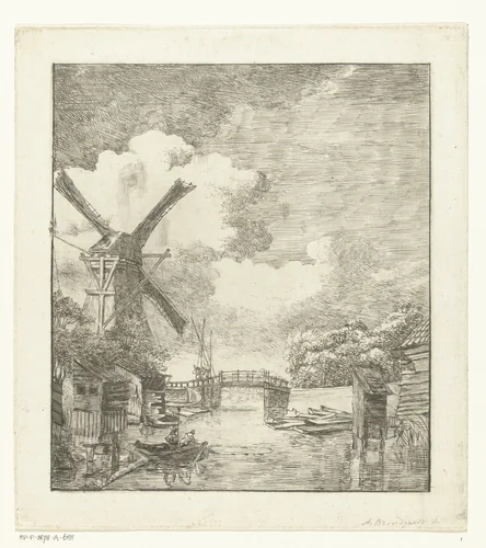 Landschap met molen aan water by Albertus Brondgeest, print, 1796-1849