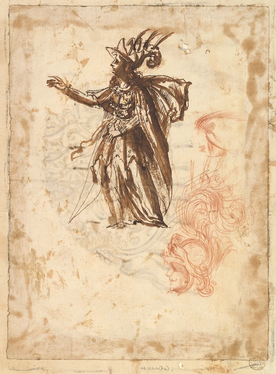 Costume Design and Design for a Headdress by Baccio del Bianco, drawing, 1604-1656