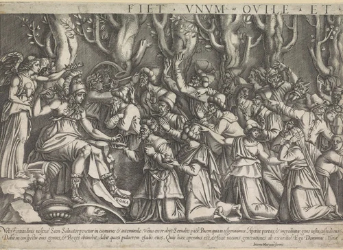 Allegorie op de overwinning van het Christelijke geloof (linker deel) by Unknown, print, 1581