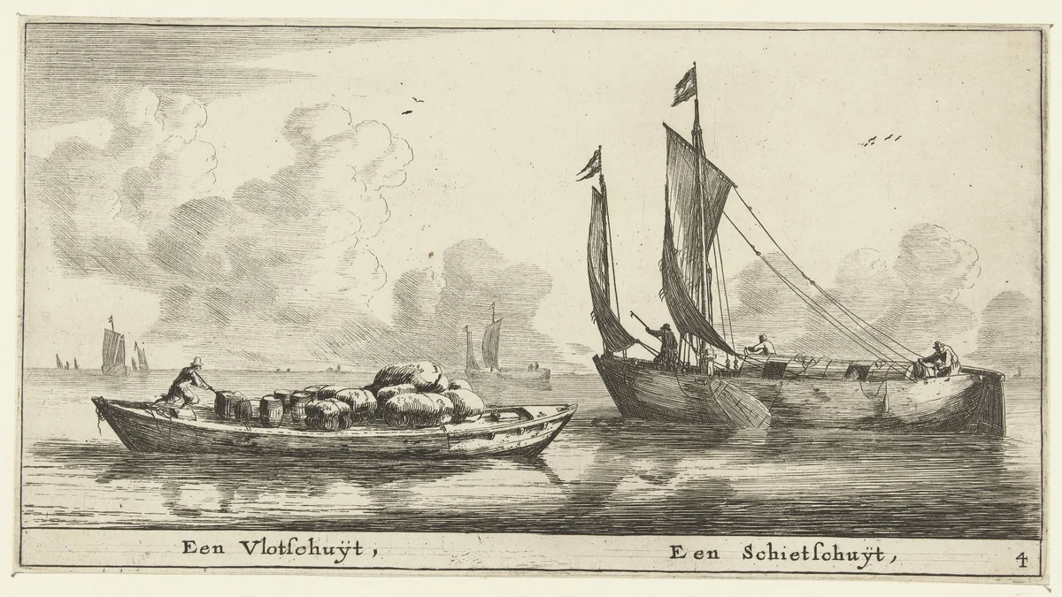 Twee schepen: een vlotschuit en een schietschuit by Reinier Nooms, print, 1652-1654