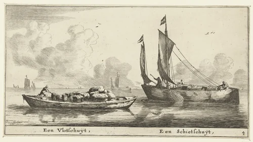 Twee schepen: een vlotschuit en een schietschuit by Reinier Nooms, print, 1652-1654