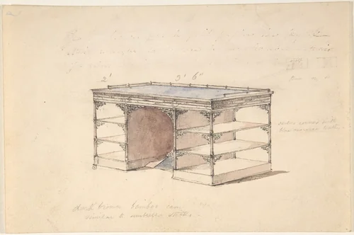 Design for a desk with shelves and a gallery by anonymous, drawing, 1800-1900