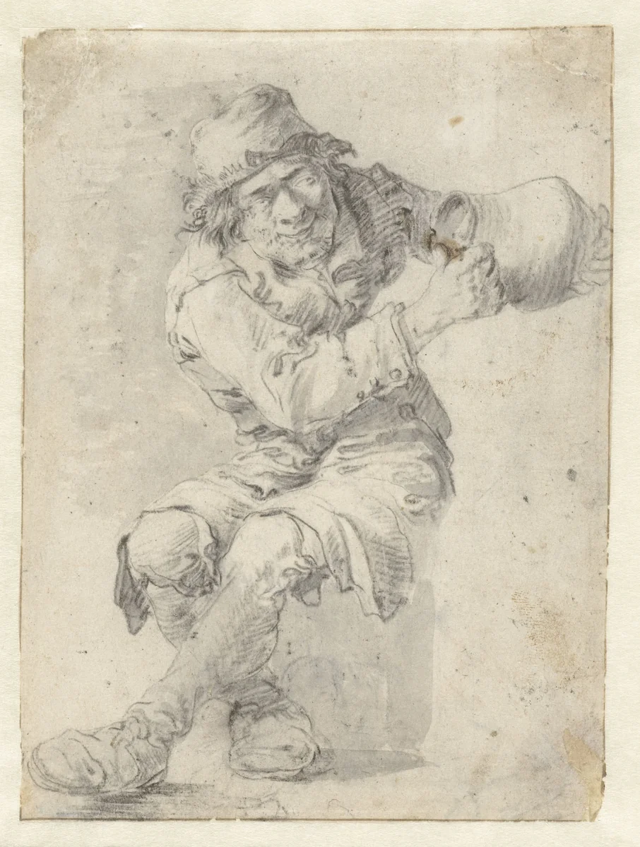 Zittende boer met kruik by anonymous, drawing, 1600-1699