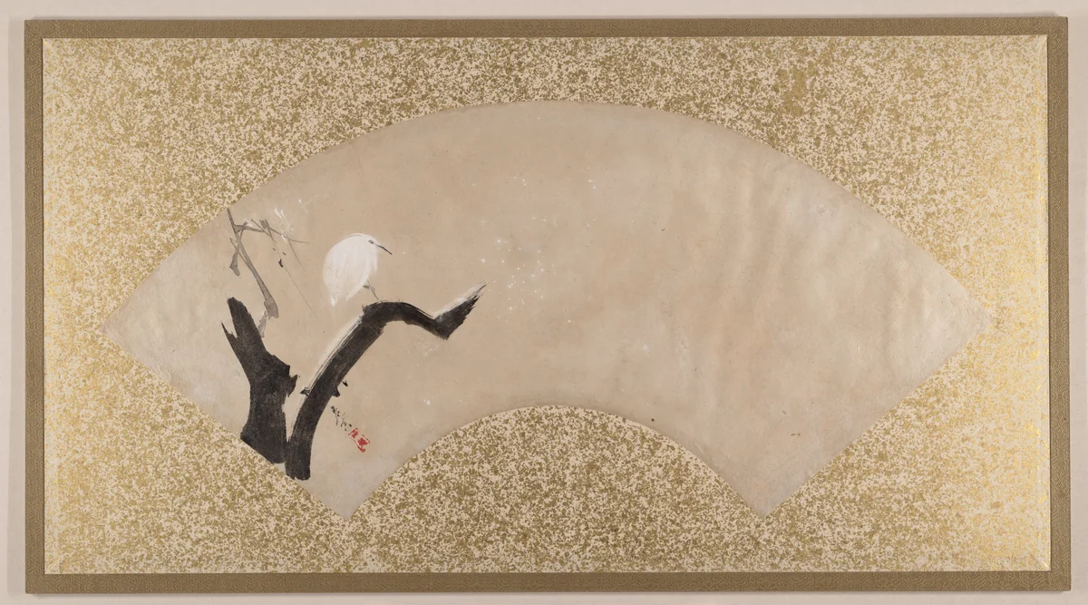 Egret on Tree Stump by Shibata Zeshin (柴田是真), painting, 1867-1891