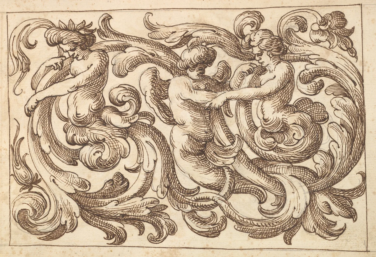 Horizontal Panel Design with Three Young Male Figures Interspersed between Acanthus Rinceaux by anonymous, drawing, 1600-1650