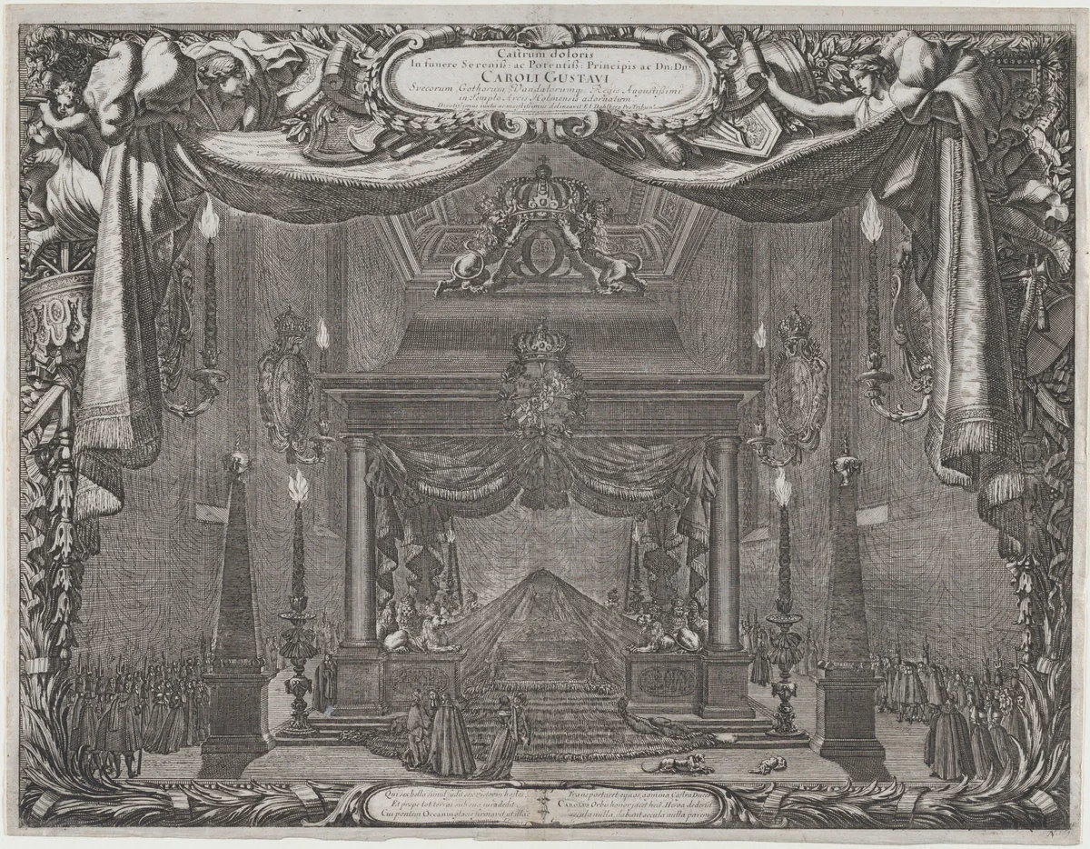 Catafalque of Charles X Gustav, King of Sweden, in the chapel of the castle in Stockholm (Castrum doloris in funere... Caroli Gustavi), from "De rebus a Carolo Gustavo Sueciae rege gestis..." by Jean Le Pautre, print, 1696