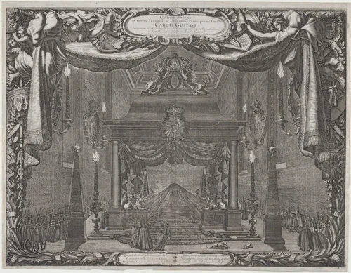 Catafalque of Charles X Gustav, King of Sweden, in the chapel of the castle in Stockholm (Castrum doloris in funere... Caroli Gustavi), from "De rebus a Carolo Gustavo Sueciae rege gestis..." by Jean Le Pautre, print, 1696
