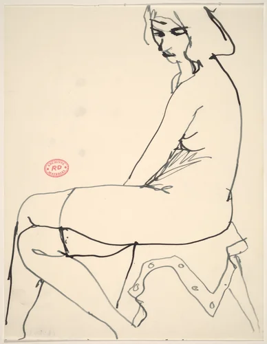 Untitled [female nude in stockings seated on draped stool] by Richard Diebenkorn, drawing, 1955-1967