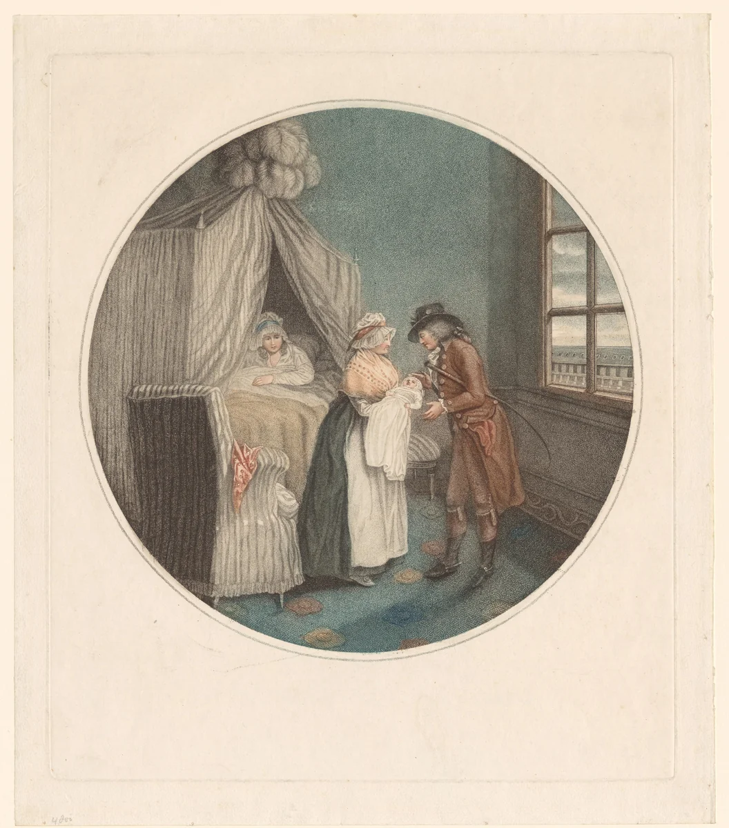 Kraamhulp presenteert de baby aan een man by William Ward, print, 1788-1826