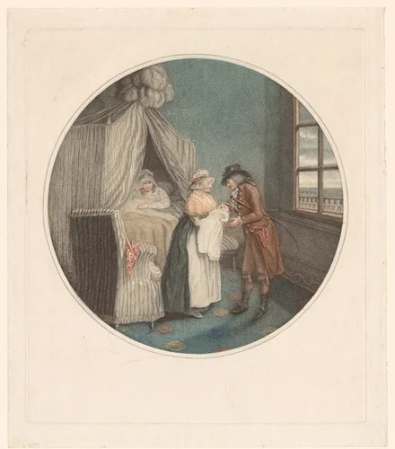 Kraamhulp presenteert de baby aan een man by William Ward, print, 1788-1826